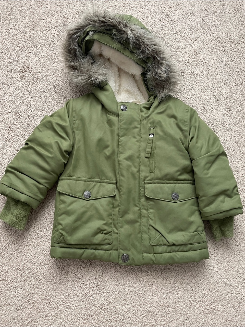 Cat & Jack Olive Green Puffer Jacket with Faux Fur Hood